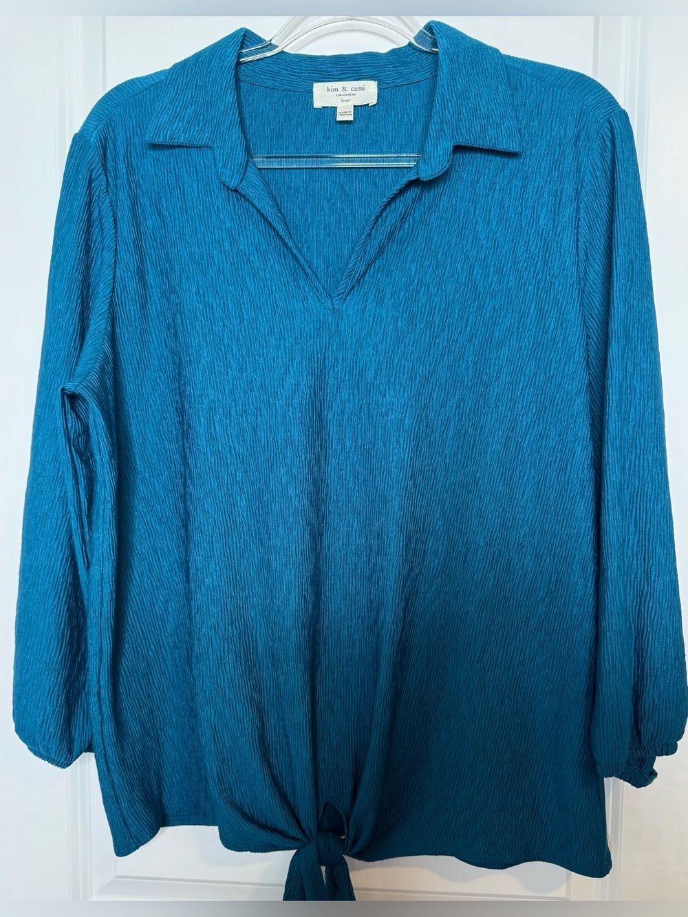 Women’s Kim & Cami Teal V-Neck Long-Sleeve Tie-Front Top Sz lG lightweight
